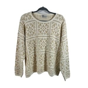 VTG Tapestry Gold Metallic Knit Sweater Lurex Cream Damask‎ Boho Grandmacore M/L